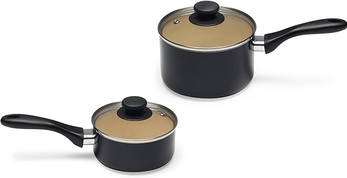 Amazon Basics 11-Piece Ceramic Non-Stick Pots and Pans Set, Dishwasher & Oven Safe, Non-Toxic, Easy Clean, Black/Cream