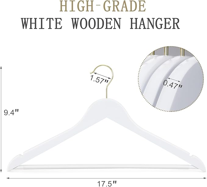 TOPIA HANGER Wooden Hangers 30 Pack, White Wood Coat Hanger with 360째 Swivel Gold Hook, Non Slip Pants Bar and Shoulder Notches for Camisole, Jacket, Pants, Smooth Finish Clothes Hangers -CT34WG30