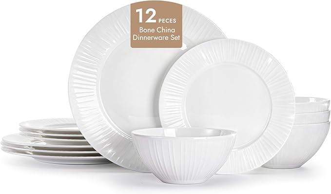 KINGSTONE Bone China Dinnerware Set, 12-Piece White Lightweight Porcelain with Textured Design Service for 4, Plates, Bowls, for Family Dining, Restaurants, Gifting竊똌icrowave and Dishwasher Safe