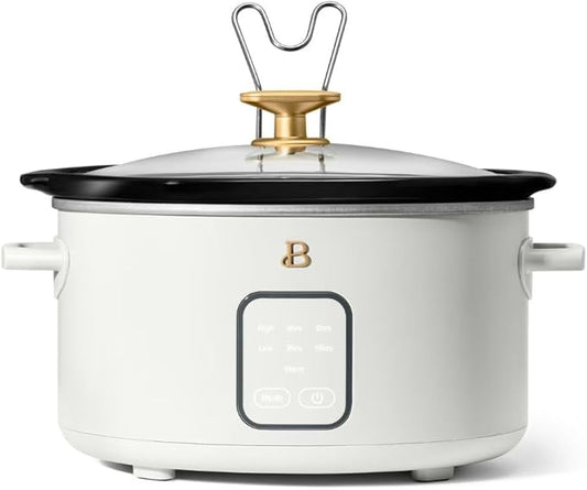 Beautiful by Drew Barrymore 4Qt Slow Cooker, Touch-Activated Display, 4 Presets, Auto Warm, Dishwasher-Safe Pot. (White Icing)
