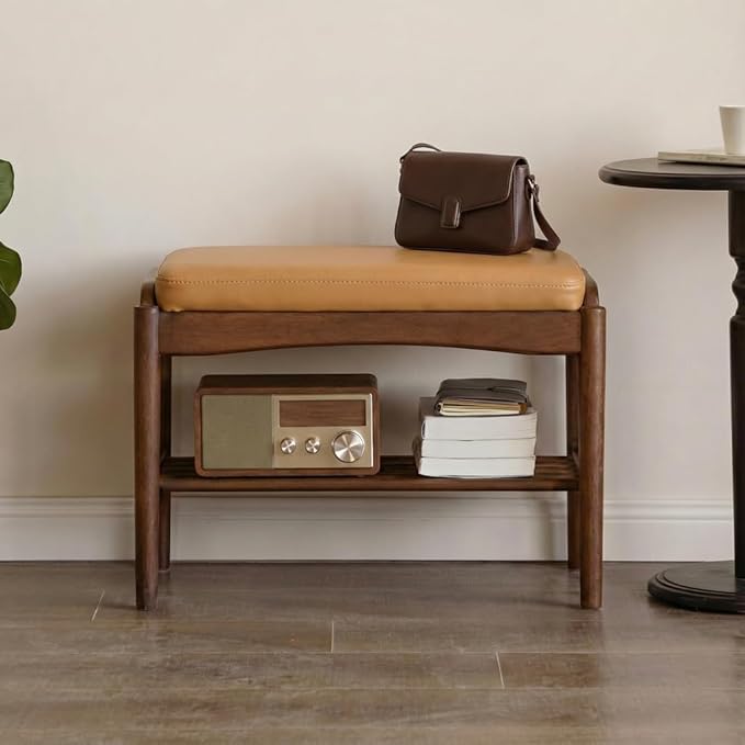 Vadisun Black Walnut Shoe Bench Assembled, Solid Wood Shoe Rack Bench with Silicone Leather Cushion for Entryway, Living Room, Bedroom, Hallway