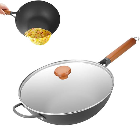 13 Inch Carbon Steel Wok Pan with Lid, Titanium Iron Flat Bottom Woks & Stir-fry Pans, Ultra-Durable, Scratch-Resistant, Even Heating Frying Pans, Compatible with All Cooktops,13.39IN