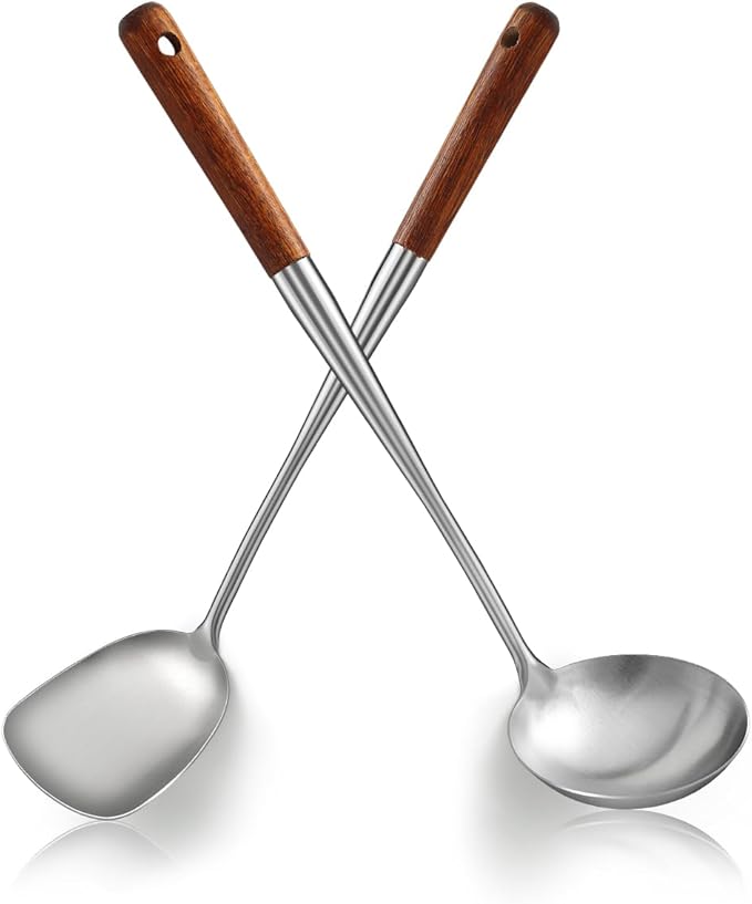 17??Wok Spatula & Ladle Set, Stainless Steel Wok Tools with Wooden Handle, Heat-Resistant Chinese Turner & Deep Soup Ladle, 2-Piece Wok Utensils for Stir-Fry, Wok Accessories