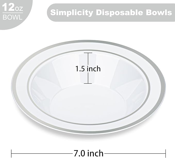 BESTVIP 200 Pack Plastic Bowls with Silver Rim, 12 oz Disposable Soup Bowls, Heavy-duty Dessert Fruit Bowl for Party, Wedding, Christmas, Dinner Catering