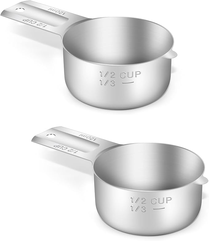 BERYLER 2PCS 1/2Cup (120ml, 4oz) Single Measuring Cup, Stainless Steel Measure Scoop, Metric and US Measurement, Dishwasher Safe