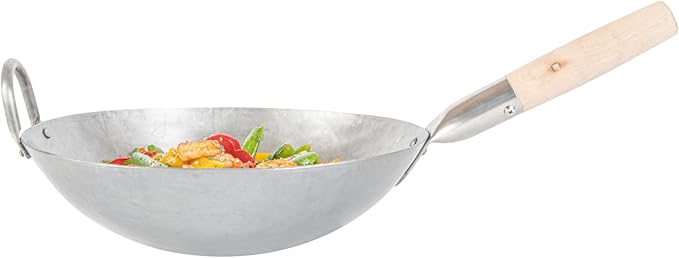 Restaurantware-Motomori 12 Inch Hand-Hammered Carbon Steel Woks, 10 Traditional Japanese Woks - Round Bottom, Wooden Handle, Black Carbon Steel Traditional Stir Fry Pans, With Helper Handle