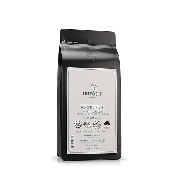 Lifeboost Hazelnut Whole Bean Coffee ??Organic, Low Acid, Non-GMO Hazelnut Flavored Coffee ??Single Origin, Mold-Free Mycotoxin Tested, 12 oz
