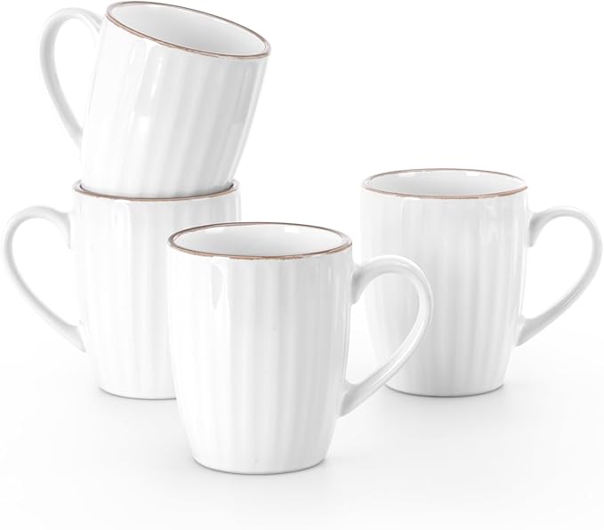 famiware Coffee Mugs Sets for 4, 12 oz Mug Set, Coffee Cups with Handle for Coffee, Tea, Cocoa and Milk, Microwave and Dishwasher Safe, White Stripe