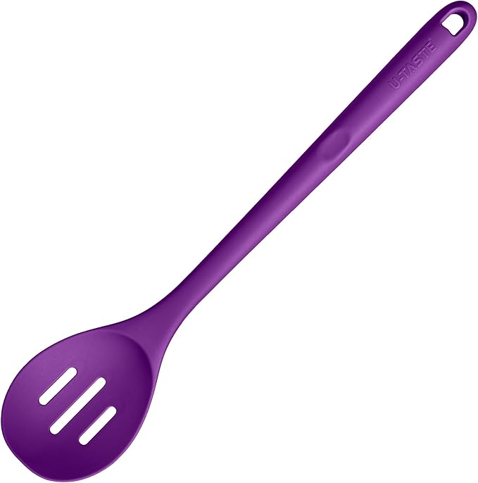 600쨘F Heat Resistant Slotted Spoon: U-Taste 13.3in Solid Kitchen Cooking Spoon, Nonstick Food Grade Large & Long Rubber Utensil for Mixing, Serving, Stirring, Basting, Frying, Draining (Purple)