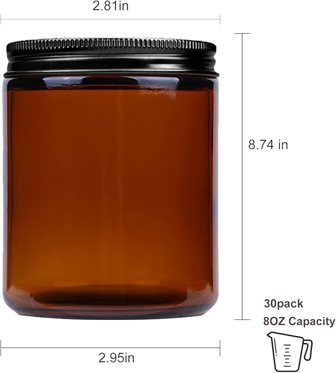 QAPPDA 8oz Amber Candle Jars Set of 30,Round Glass Jars with Black Lids,Empty 250ml Glass Candle Making Jar Bulk Thick Small Food Storage Jar for Spice,Candy,Powder