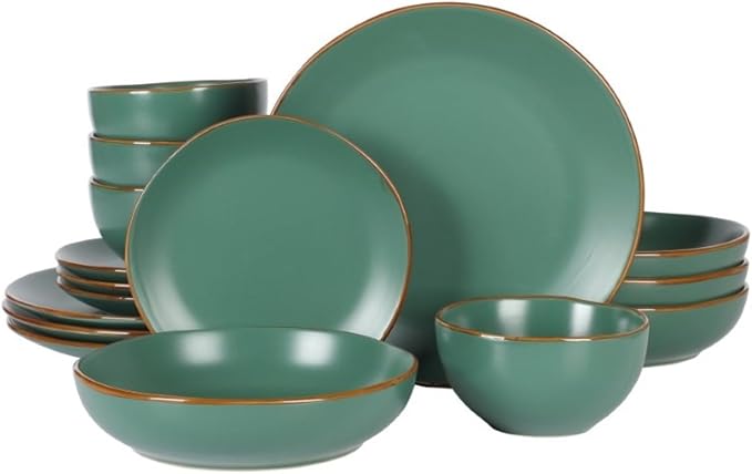 Gibson Home Hazeltine 16-Piece Green Stoneware Dinnerware Set ??Plates and Bowls, Durable Ceramic Kitchen Dinner Set