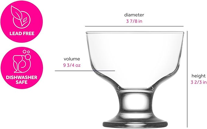 LAV Ice Cream Glass Bowls 6 Piece- Glass Dessert Cups for Dessert, Dish 9.5 oz - Clear Bowls Dessert