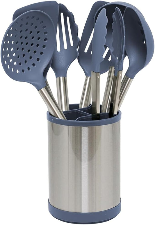 Glad Kitchen Utensils Set, 8pcs - Nonstick Cooking Tools with Stainless Steel Handles & Rotating Utensil Holder - Turners, Ladle, Spoon, Tongs, Spaghetti Server, and Skimmer - Dishwasher Safe, Blue