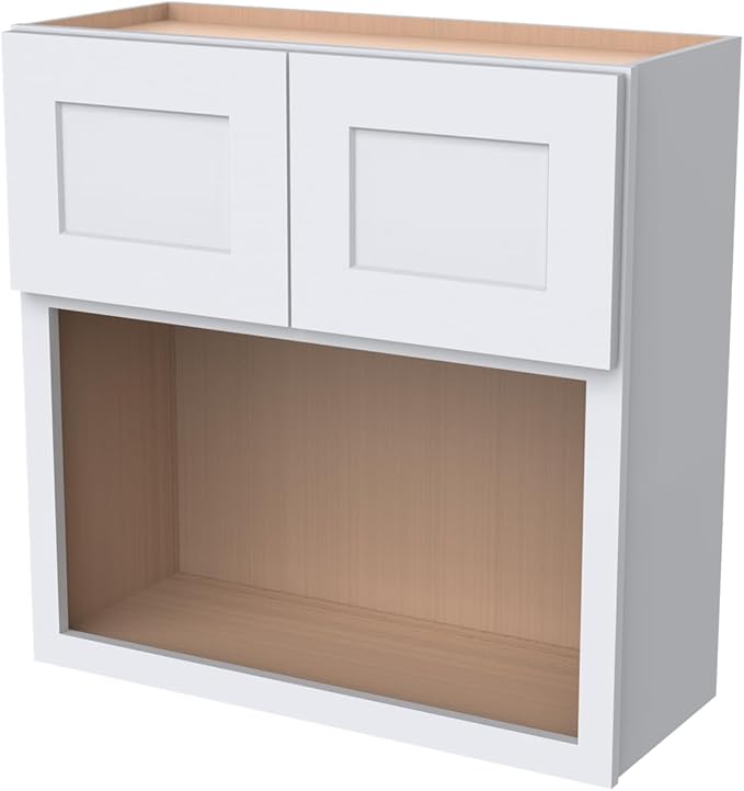 Solid Wood RTA Wall Microwave Cabinet with Open Shelves ??Shaker Style, Space-Saving Kitchen Pantry Storage, Durable and Versatile Wall-Mounted Organizer (SK-White, 30" W x 24" D x 36" H)