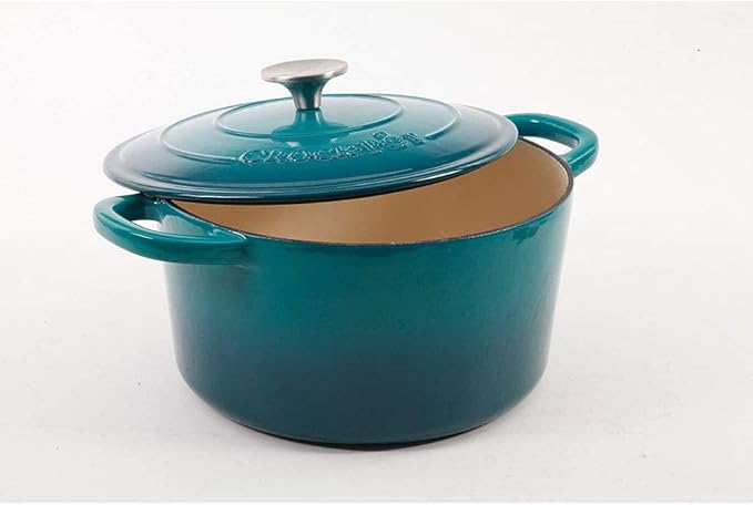 Crock-Pot Artisan 5-Quart Round Enameled Cast Iron Dutch Oven ??Teal Ombre, Durable Heavy-Duty Cookware for Slow Cooking, Roasting, Baking with Lid