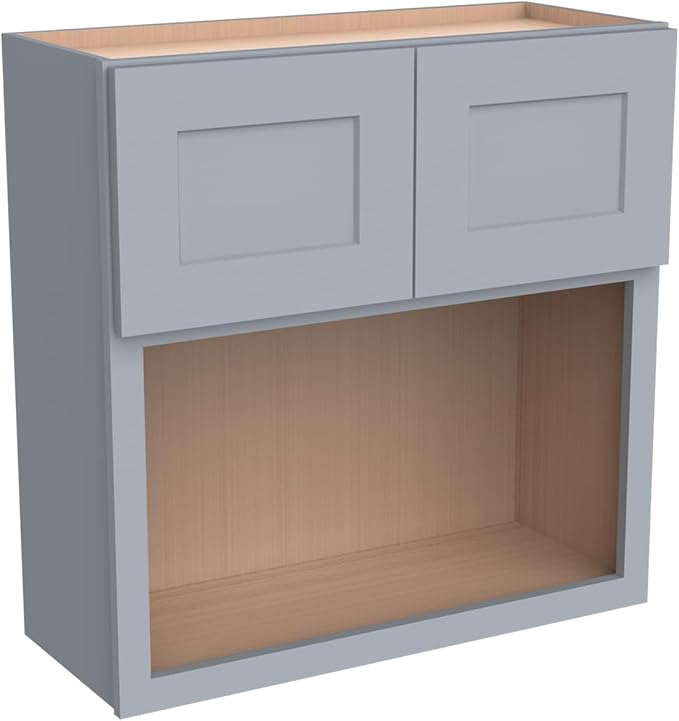 Solid Wood RTA Wall Microwave Cabinet with Open Shelves ??Shaker Style, Space-Saving Kitchen Pantry Storage, Durable and Versatile Wall-Mounted Organizer (SK-Grey, 30" W x 24" D x 30" H)