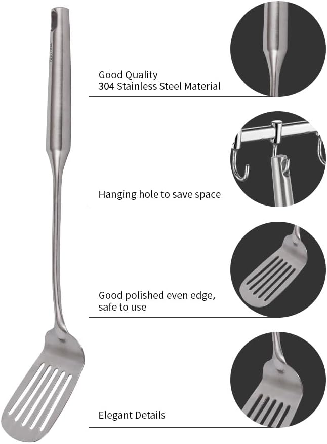 304 Stainless Steel Kitchen Utensils Set, VALESKA 6 PCS Metal Cooking Utensils Set, metal spoon,Wok Spatula, Ladle, Skimmer Slotted Spoon,Serving Large Spoon, Slotted Spatula Tunner