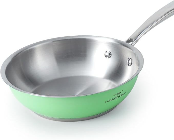 HOMICHEF 9.5 Inch Mint Green Nickel Free Stainless Steel Fry Pan - Non Toxic No Coating Flat Bottom Induction Skillet - Family Size Healthy Cooking Pan