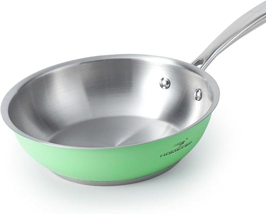 HOMICHEF 9.5 Inch Mint Green Nickel Free Stainless Steel Fry Pan - Non Toxic No Coating Flat Bottom Induction Skillet - Family Size Healthy Cooking Pan
