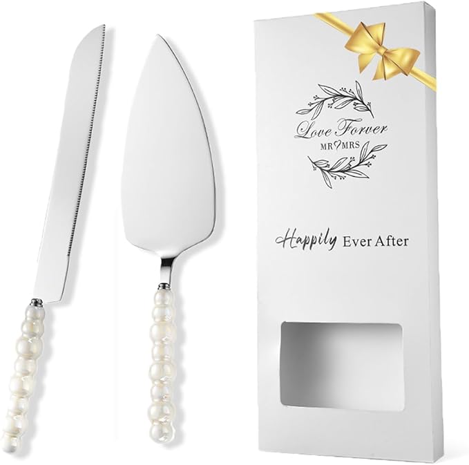 Wedding Cake Cutting Set, Wedding Cake Knife and Server Set, Ceramic Pearl Stainless Steel Pie Cutter, Bridal Shower Gifts, Engagement Gift for Couples (Silver, Set of 2)