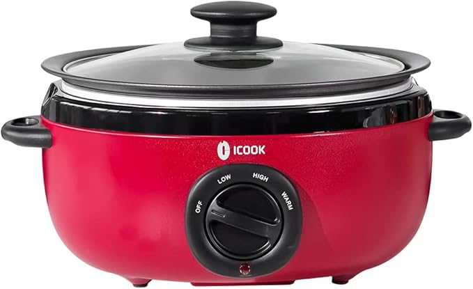 ICOOK USC-65-OP001RD 6.5 Quart Slow Cooker,Aluminium Sear/Saut챕 Stew Pot Stovetop safe,Dishwasher Safe,Glass Lid,Adjustable Temp,Food Warmer(Red)