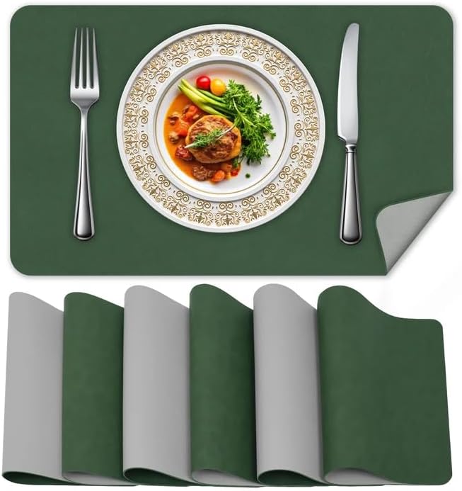 BLESWIN Faux Leather Placemats, PU Dining Table, Waterproof and Oil Resistant Easy to Clean, Heat Resistant Reversible Use Table Mats for Kitchen, Dining Table, Outdoor ??12 횞 17 Inch, Forest&Grey