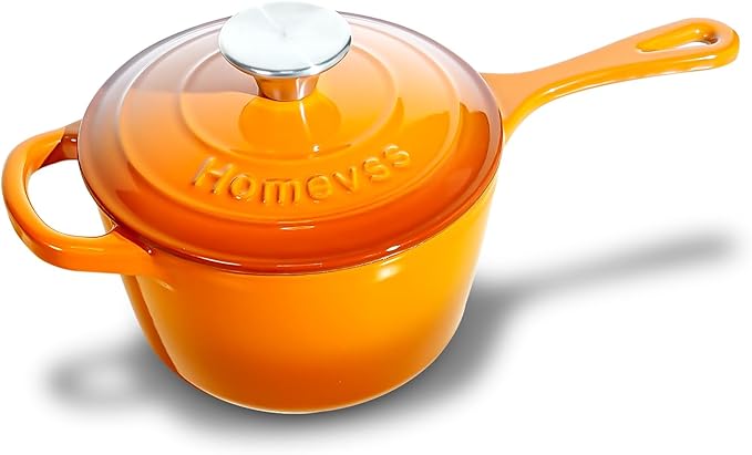 1.75QT Enameled Cast Iron Sauce Pan, Enameled Saucepan with Lid, Small Dutch Oven Cooking Kitchen Pot, Nonstick & Heavy Duty for Cooking Pasta Sauce, Gravy, Puddings, Marinate, Boiling - Orange