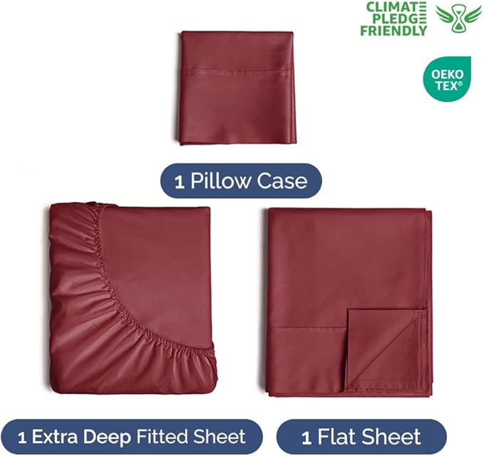 Extra Deep Pocket Twin Sheets - 3 Piece Breathable & Cooling Bed Sheets - Hotel Luxury Bed Sheet Set - Soft, Wrinkle Free & Comfy - Easily Fits Extra Deep Mattresses - Deep Pocket Burgundy Sheets Set