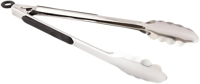 Restaurantware Met Lux 12 Inch x 3.5 Inch Kitchen Tongs 1 With Rubber Grip Serving Tongs - Non-Slip Scalloped Edges Silver Stainless Steel Tongs For Cooking For Cooking And Serving