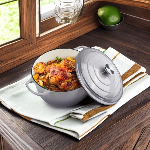 6 Quart Dutch Oven Enameled Cast Iron with Lid - Big Dual Handles - Oven Safe up to 500째F - Classic Round Pot for Versatile Cooking (Light Gray, 6 QT)