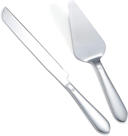 Cake Cutting Set for Wedding, Elegant Cake Knife and Server Set with Thickened Stainless Steel Rounded Edges, Cake Cutter and Pie Spatula for Birthday Anniversary, 2 Pcs, Silver