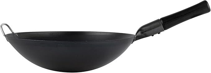 Restaurantware Carbon Steel Wok 1 Pack of 14 Inch Heavy-Duty Uniform Heat Distribution Pan Induction Compatible Round Bottom Wok Welded Handle Black For Gas Stovetops And Grills