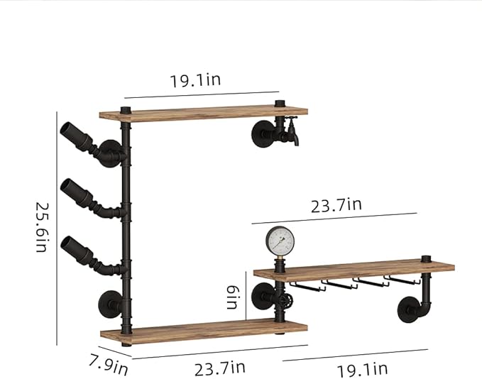 3 Tier Industrial Wall Wine Rack, 46in Floating Bar Liquor Shelves with 4 Stem Glass Holder, Pipe Shelf Shelving Wine Glass Rack, Wine Rack Wall Mounted Living Room Kitchen Decor, Black