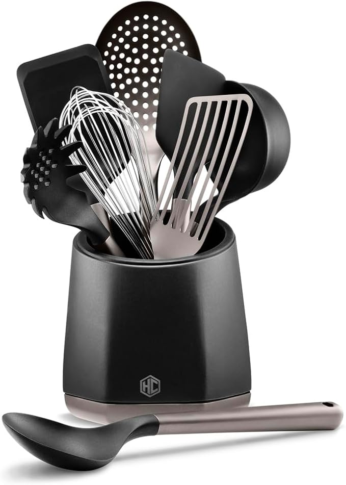 HexClad 9-Piece Kitchen Utensil Set, 9 Stainless Steel & Silicone Tools with a Fingerprint-Resistant Metallic Finish, Heat-Resistant to 450째F, Dishwasher-Safe, Includes Non-Slip Ceramic Crock Holder