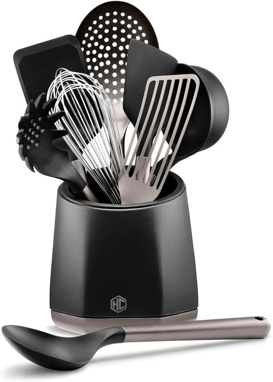 HexClad 9-Piece Kitchen Utensil Set, 9 Stainless Steel & Silicone Tools with a Fingerprint-Resistant Metallic Finish, Heat-Resistant to 450째F, Dishwasher-Safe, Includes Non-Slip Ceramic Crock Holder