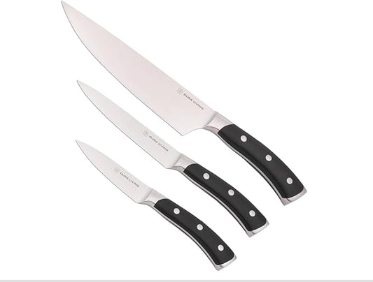 DURA LIVING 3-Piece Kitchen Knife Set ??Ultra-Sharp German Stainless Steel, 8??Chef, 5??Utility, and 3.5??Paring Knives with Ergonomic Handles, Multipurpose Kitchen Knife Set, Black