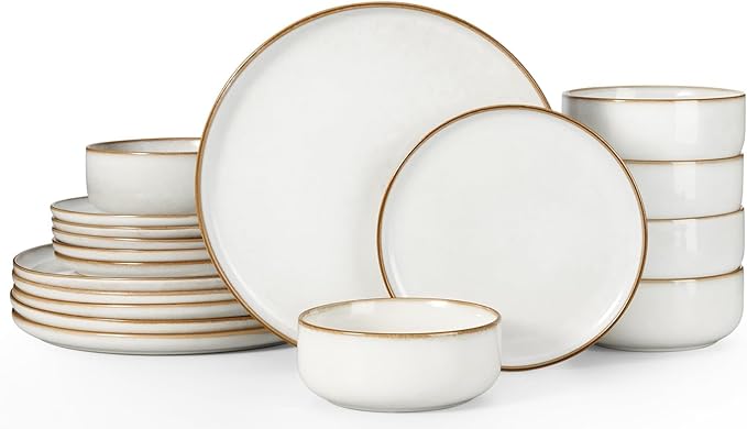 Herogo 18-Piece Stoneware Dinnerware Set for 6, Handmade Plates & Bowls with Double Reactive Glaze, Microwave and Dishwasher Safe, Scratch Resistant, Ivory White