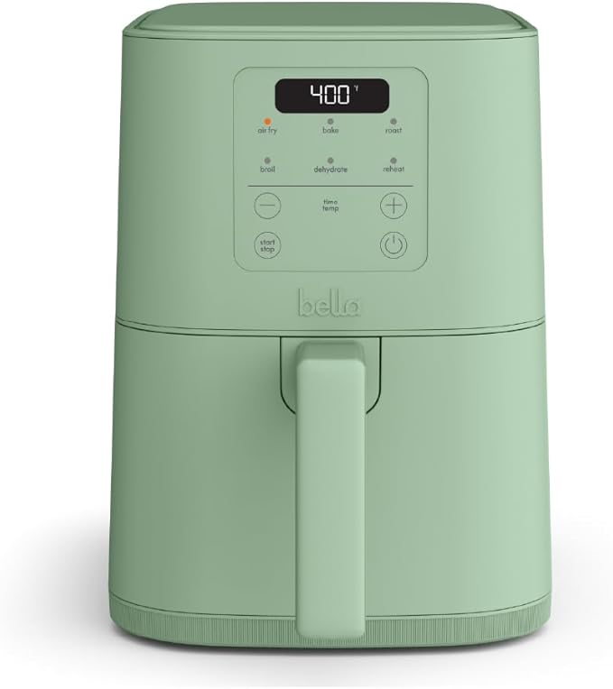 bella 4Qt Slim Air Fryer, Fits-anywhere??Kitchenware, EverGood??Ceramic Nonstick Coating, Adjustable Temperature, 6 Preset Cooking Options, 60 Min Auto Shutoff w Audible Tone, 3.3lb Capacity, Seaglass