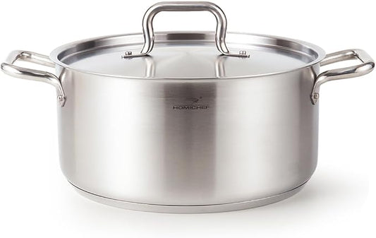 HOMICHEF Braiser Pan 8 Quart with Lid Nickel Free Stainless Steel - Matte Polished Braiser with Stainless Steel Lid - Heavy Weight Braising Pan Non Toxic Induction