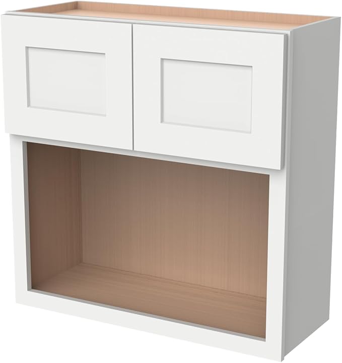 Solid Wood RTA Wall Microwave Open Shelves Cabinet With 2 Doors - Kitchen Pantry Storage Stand (Shaker Origami White, 30"W24"D36"H)