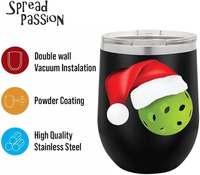 Pickleball Wine Tumbler, Pickleball Gift, 12oz Stainless Steel Wine Tumbler, Gifts For Him, For Her, For Boys, For Girls, Birthday, Christmas Gift idea (Black)