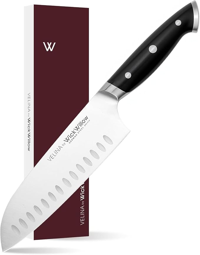 7 Inch Santoku Knife ??Razor Sharp German Steel Kitchen Knife for Chopping, Slicing & Mincing ??Hollow Edge Vegetable Knife with Full Tang & Ergonomic Handle ??Gift Box Included ??Velina Series