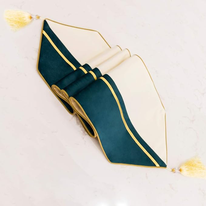 Avigers 12 x 72 Inch Decorative Luxury Green Teal White Gold Leather Striped Patchwork Velvet Table Runners with Tassels for Home Living Room Bedroom Art Decor Wedding