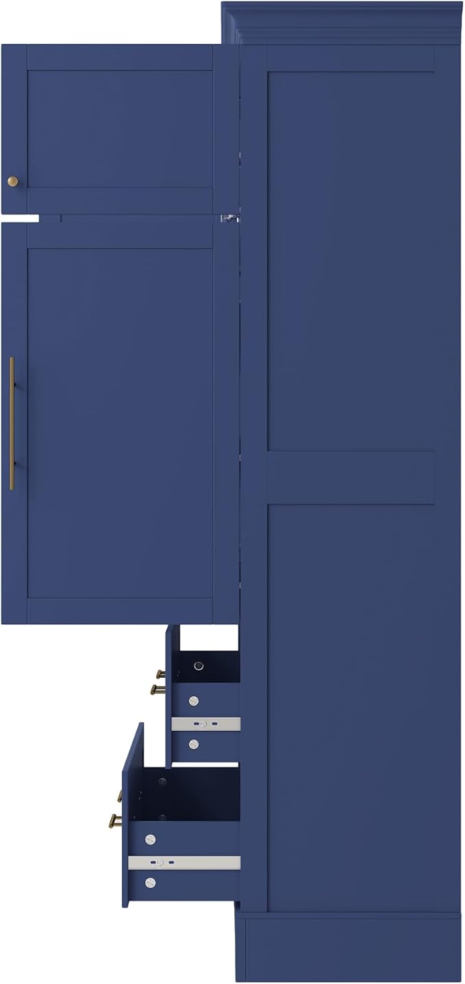 Merax 72.6" Farmhouse Kitchen Pantry Cabinet with Pull-Out Trays & Drawers, Freestanding Pantry with Cake Pan Storage, 4-Door Shaker Style Storage Cabinet, 40" L x 18" W, Blue