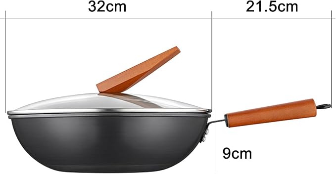 13'' Woks & Stir-Fry Pans Set with Lid & Wooden Handle, No Chemical Flat Bottom Chinese Woks Pan for Induction, Gas, Halogen All Stoves