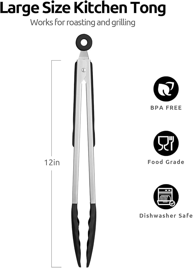 600쨘F Heat Resistant Kitchen Tongs: U-Taste 12 inch Large Silicone Cooking Tong with Sturdy Non Stick Rubber Tips & Silicon Coated 18/8 Stainless Steel Handle & Smooth Locking for Serving Grill(Black)