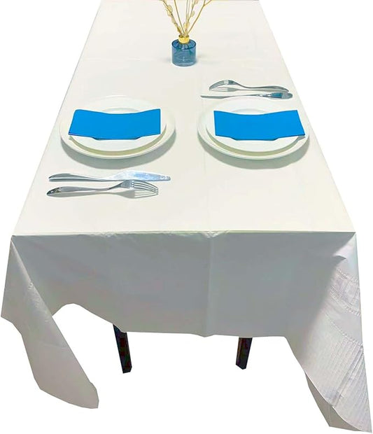 [6 Pack] White Paper Tablecloth Disposable for Rectangle Tables, 54 X 108 Inch Party Table Cover with Plastic Backing, Waterproof 3 Ply Table Cloth for Wedding Christmas Bachelorette, New Pattern