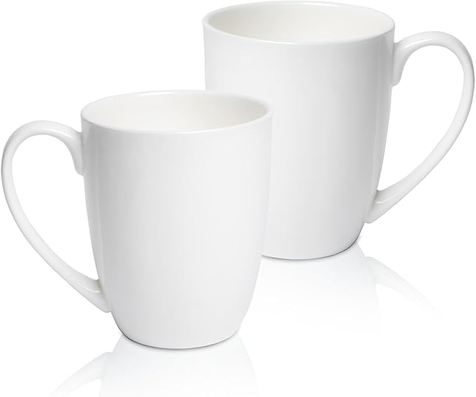 Plain White Fine Bone China Blank Coffee Mugs Set of 2, 11 Oz Tea Cups with Large Handle, Lightweight Ceramic Coffee Mugs, Aesthetic Coffee Cups