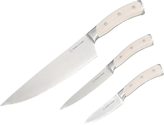 DURA LIVING 3-Piece Kitchen Knife Set ??Ultra-Sharp German Stainless Steel, 8??Chef, 5??Utility, and 3.5??Paring Knives with Ergonomic Handles, Multipurpose Kitchen Knife Set, Clear