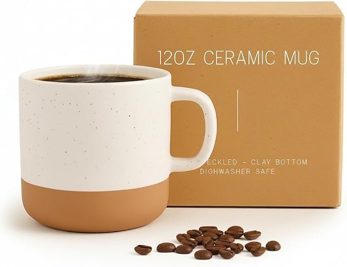 Givenne Handcrafted Speckled Ceramic Coffee Mug 12 oz, Rustic White Stoneware Cup with Clay Base, Single Coffee or Tea Mug Gift